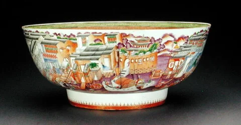Bowl, decorated in mandarin palette with a scene of the Hongs in Canton, Quianlong Period, c.1770